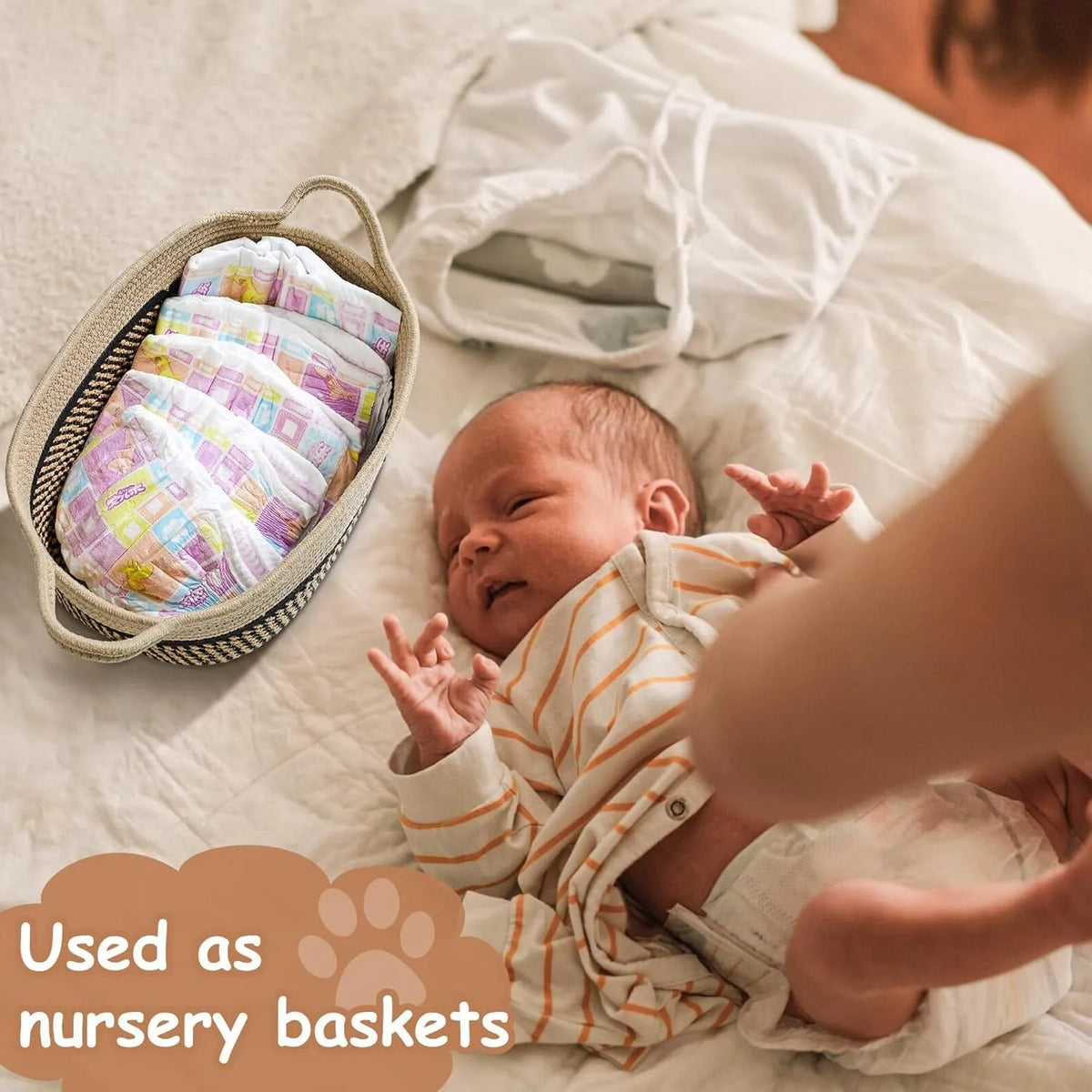 Handmade light beige cotton rope storage basket with handle, dimensions 34cm by 26cm by 15cm