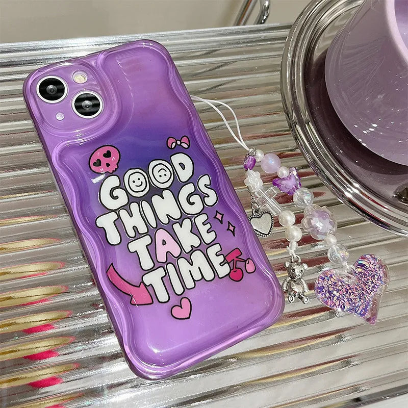 Purple graffiti love design iPhone 14 case with wrist chain attachment point and TPU bumper protection
