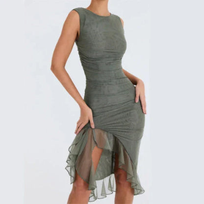 Chic sleeveless sheath dress in various colors, featuring a unique collage/splicing design and a form-fitting silhouette