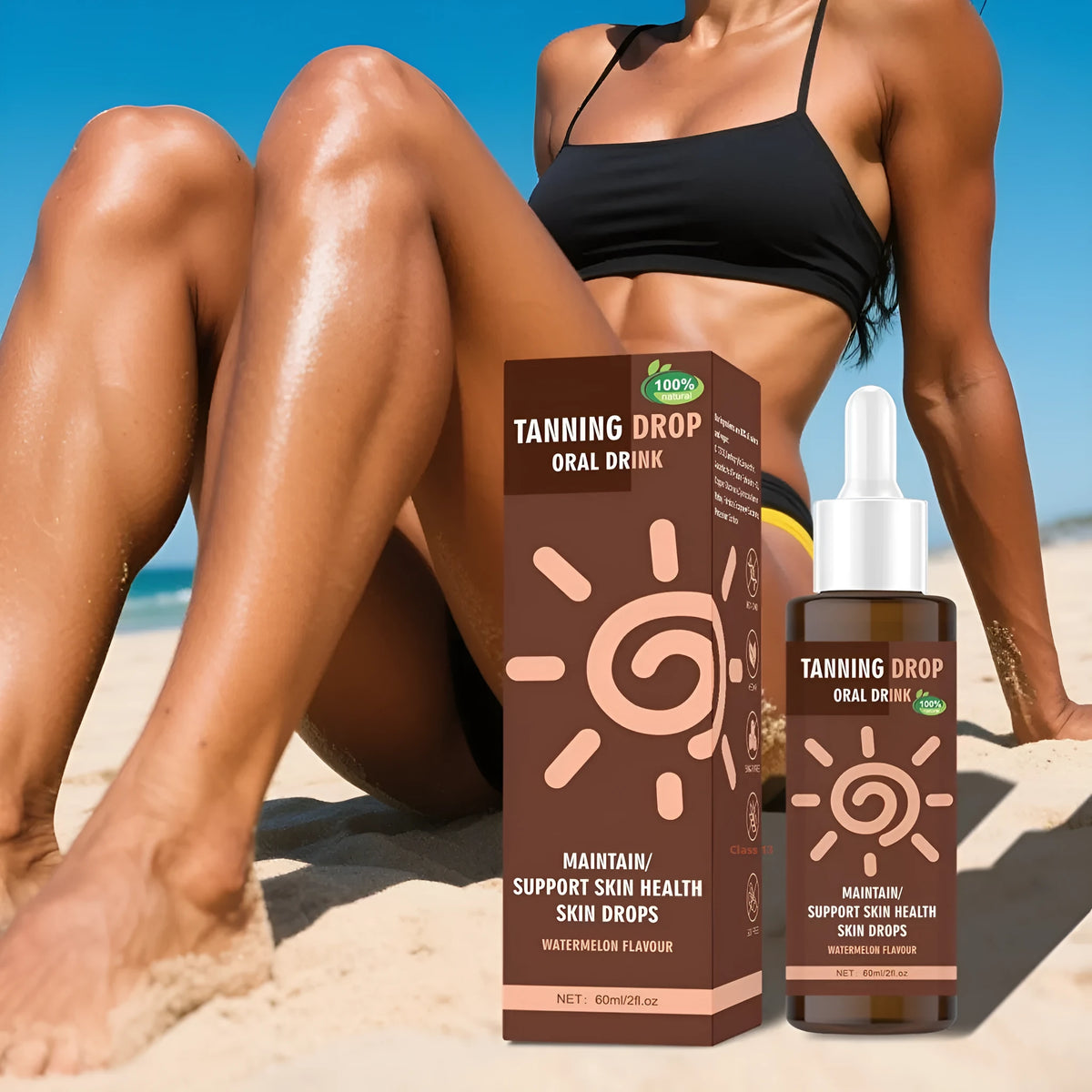60ml bottle of tanning drops with dropper applicator for gradual bronze tan application