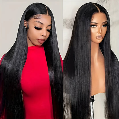 A long, straight human hair wig with a 13x4 lace front and centre-parted bangs, shown in a natural colour.