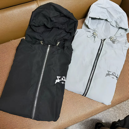 British style grey hooded sunscreen jacket for middle-aged men with loose fit design