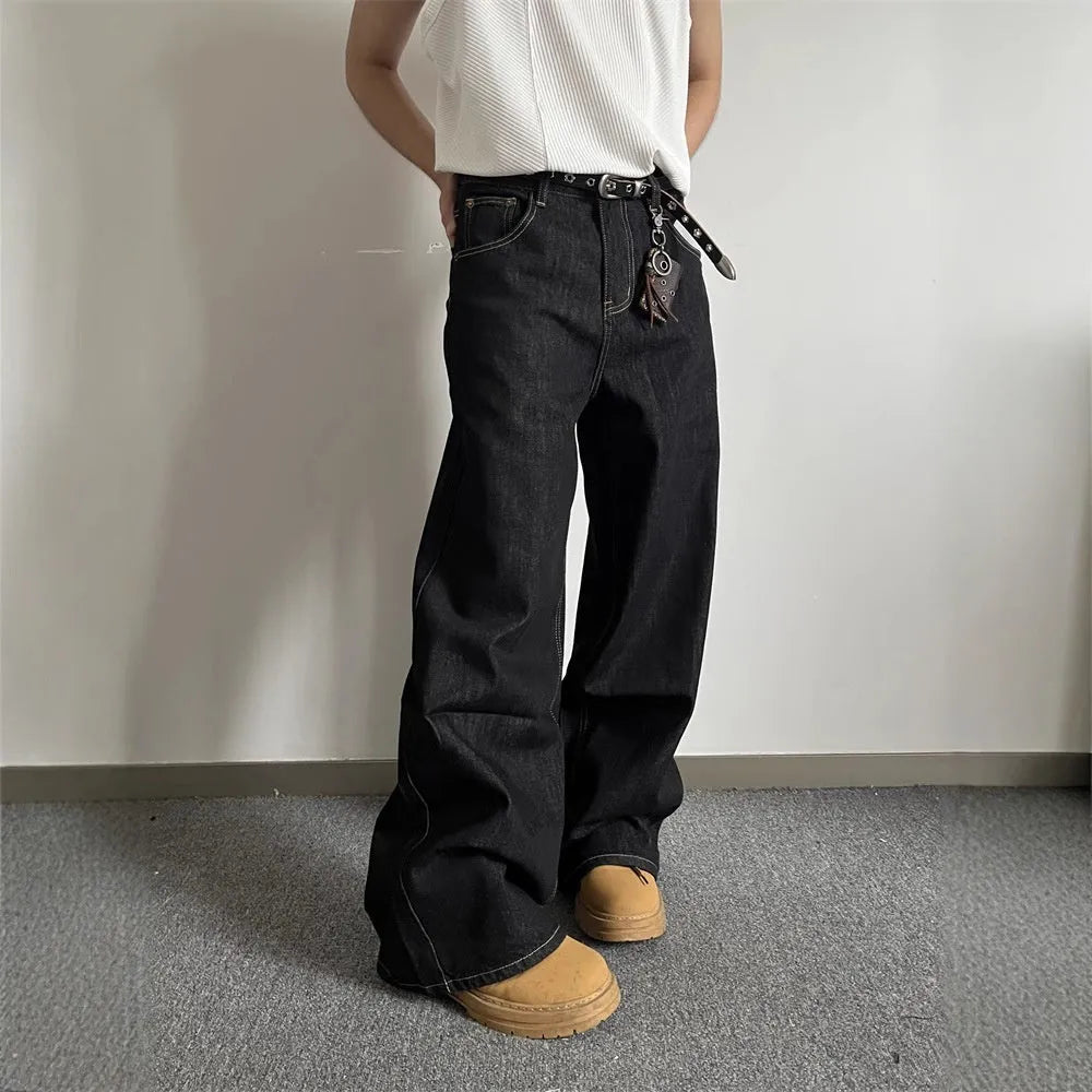 Black retro loose wide-leg jeans with straight-leg design and mid-rise waist