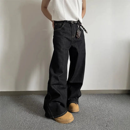 Black retro loose wide-leg jeans with straight-leg design and mid-rise waist