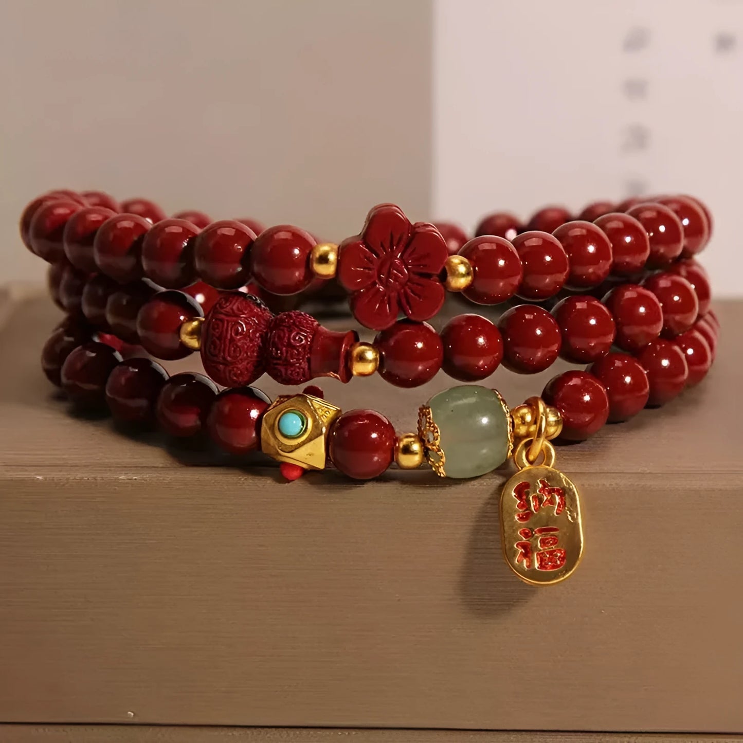 6mm cinnabar bracelet with multi-circle gourd five petal flower design in Chinese style