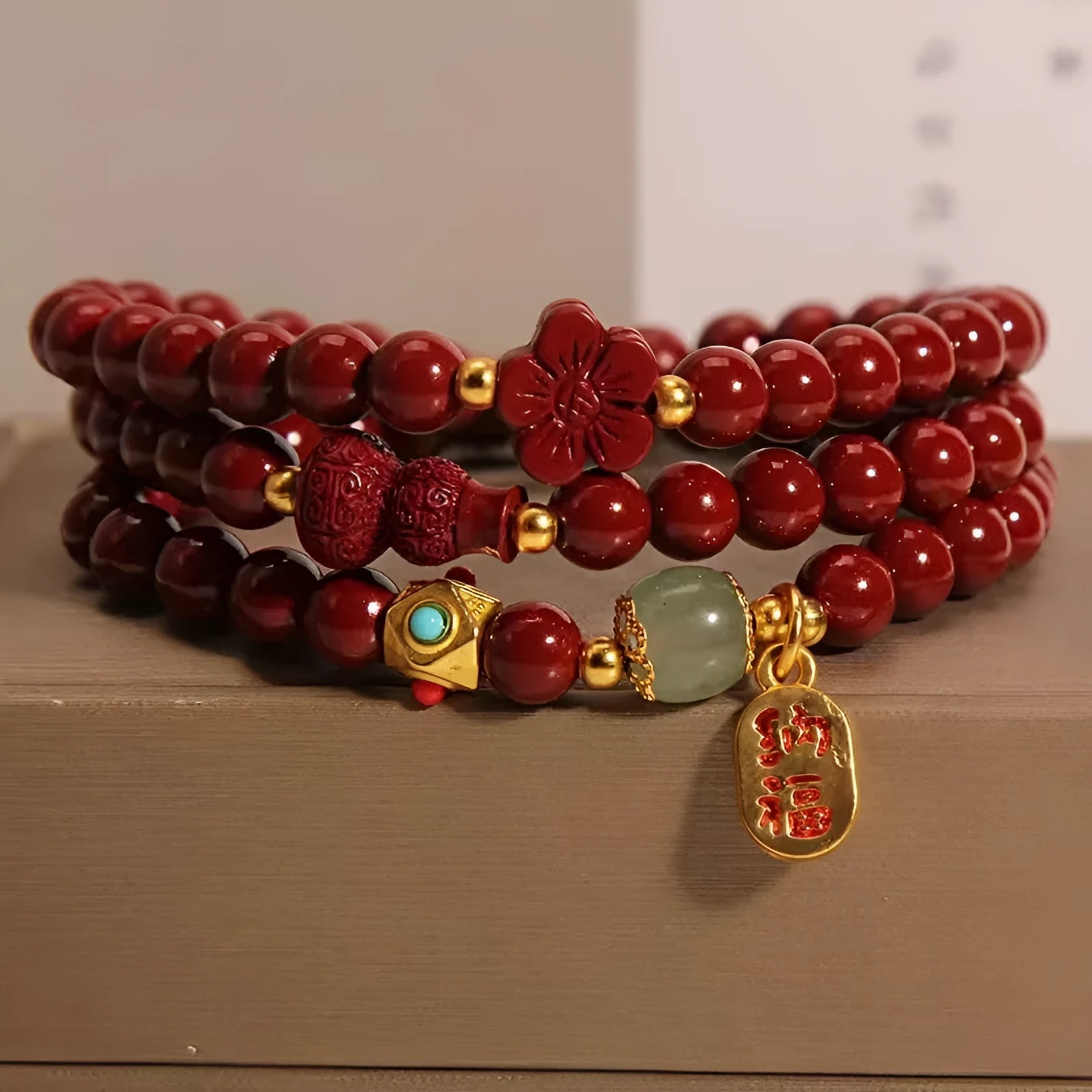 6mm cinnabar bracelet with multi-circle gourd five petal flower design in Chinese style