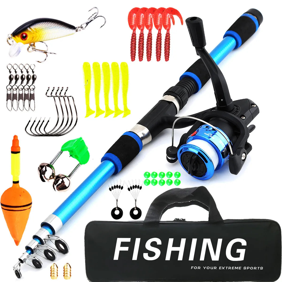 Children's fishing rod suit with pole and wheel reel in blue, green, red or yellow colours with bait accessories