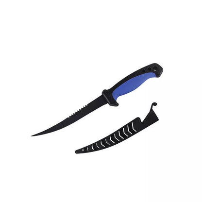 Navy blue stainless steel fishing knife with protective cover for safe storage