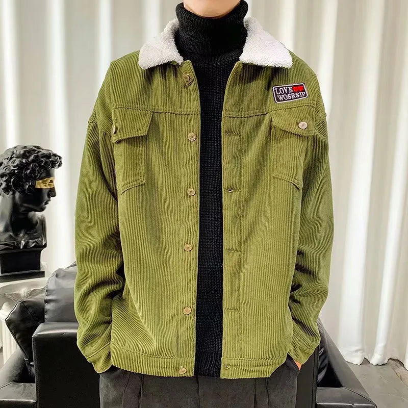 Men's loose fit corduroy workwear jacket in khaki, green, or black with stick pockets and regular sleeves