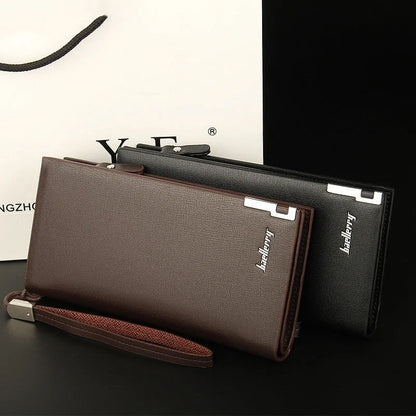 Men's long black PU leather zip wallet open showing card slots and cash compartment