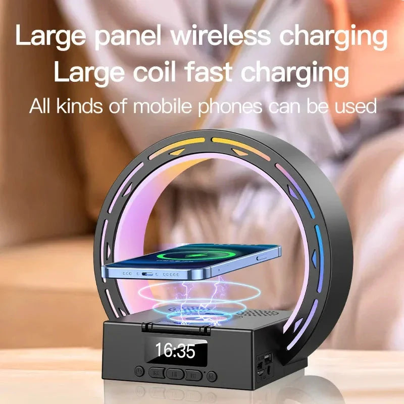 4-in-1 Wireless Bluetooth Speaker with charging pad and bedside lamp in white and black options