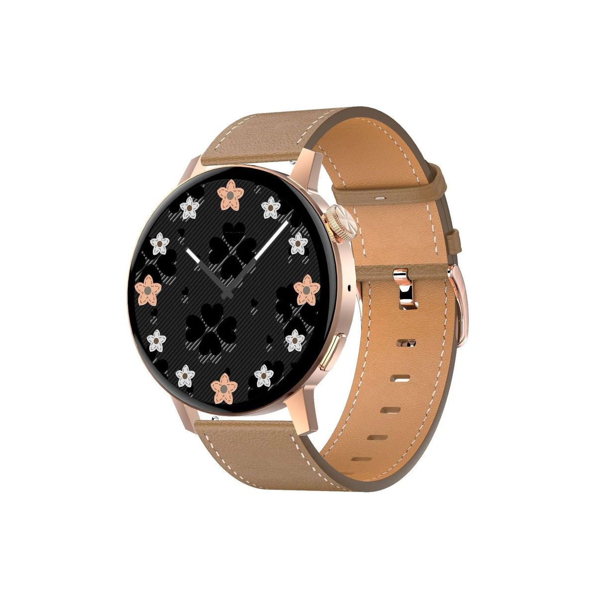Simple metal smartwatch with black silicone strap and 1.45-inch screen displaying heart rate.