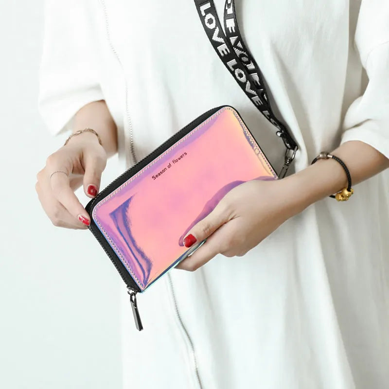 Short folding Korean-style women's wallet in PU leather showing three colour options: crystal blue, magic nail glitter, symphony green