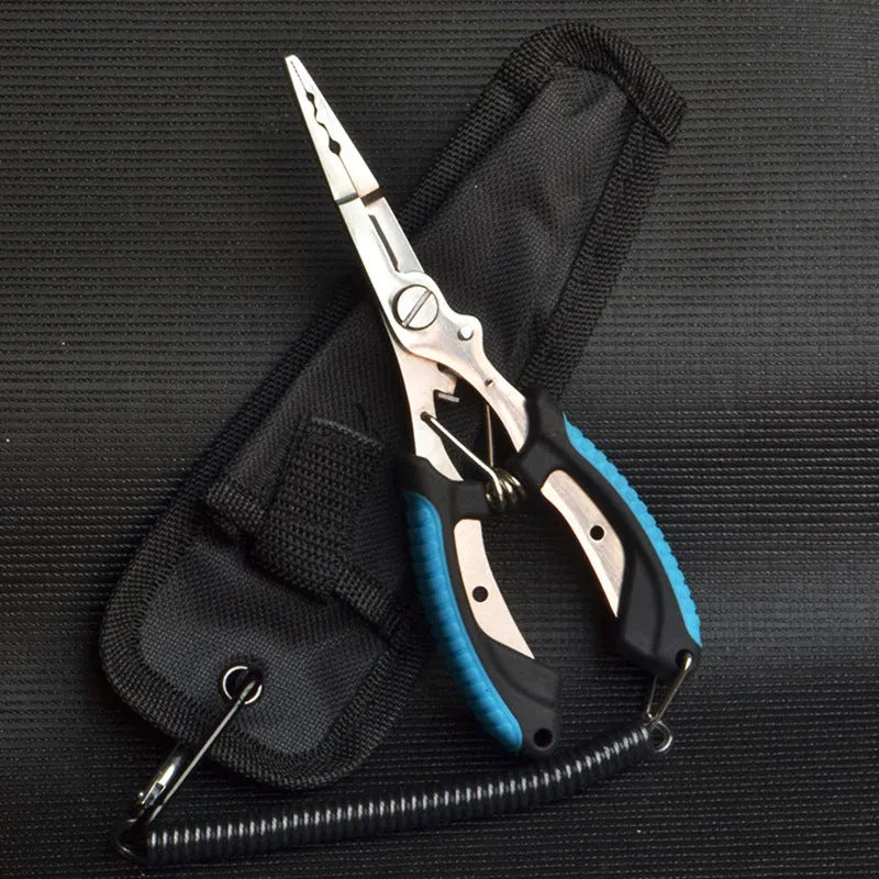 SS420 steel fishing pliers with ABS plastic handle in blue, green or red, shown with nylon bag and carrying strap