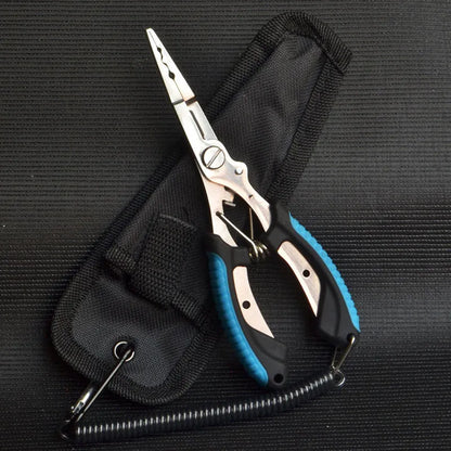 SS420 steel fishing pliers with ABS plastic handle in blue, green or red, shown with nylon bag and carrying strap