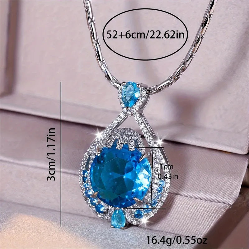 Blue geometric fireworks cut crystal pendant necklace on water wave chain