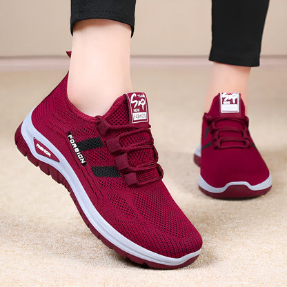 Casual breathable mesh shoes with flat PVC sole in purple, grey, red, and black colour options