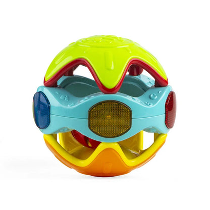 Bright yellow and orange baby rolling ball educational toy with smooth arc design