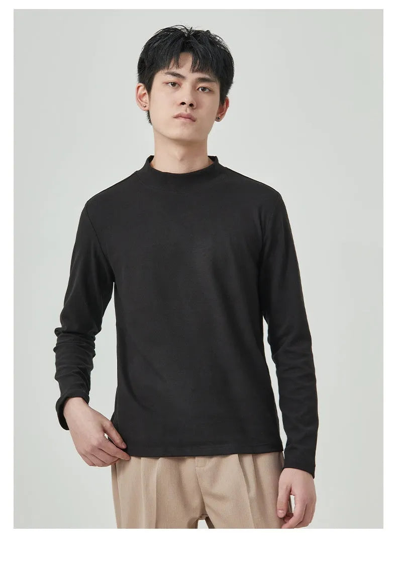 Men's brown half-high collar long sleeve t-shirt in Dralon fabric for autumn winter wear
