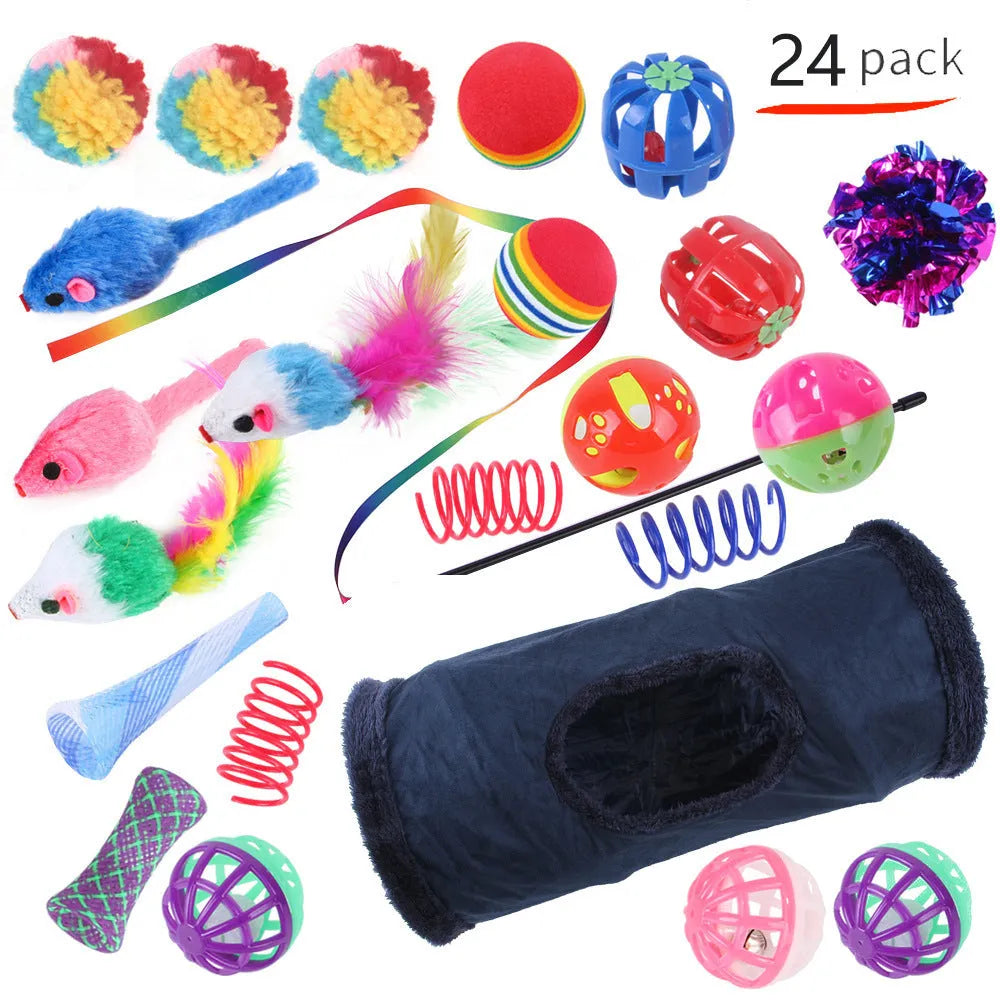 Plastic cat toy set with coloured tunnel channels and a ball for interactive indoor play.