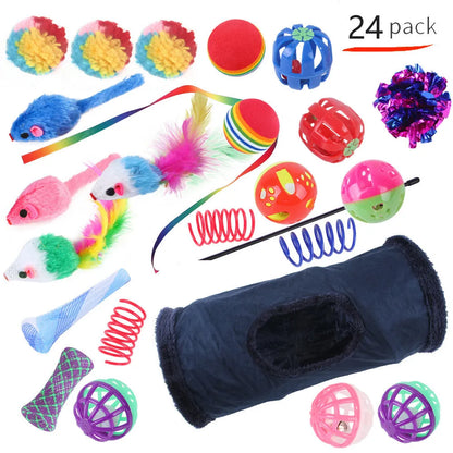 Plastic cat toy set with coloured tunnel channels and a ball for interactive indoor play.