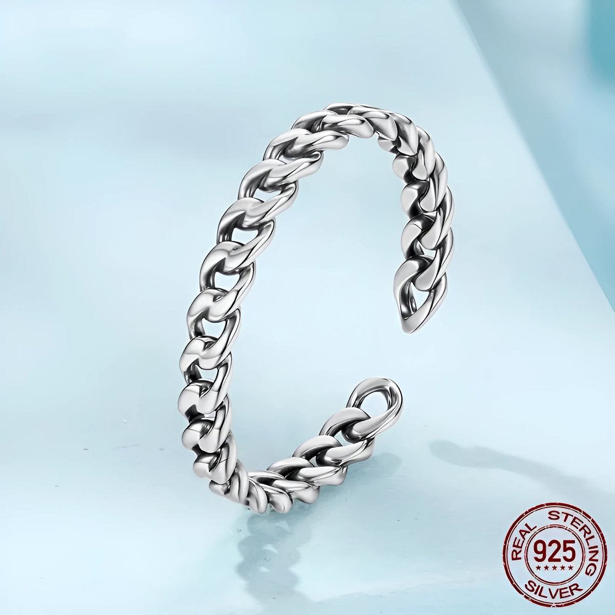 S925 sterling silver Cuban link chain open ring with adjustable opening and polished finish, women's silver ring in SCR1129-E
