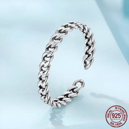 S925 sterling silver Cuban link chain open ring with adjustable opening and polished finish, women's silver ring in SCR1129-E
