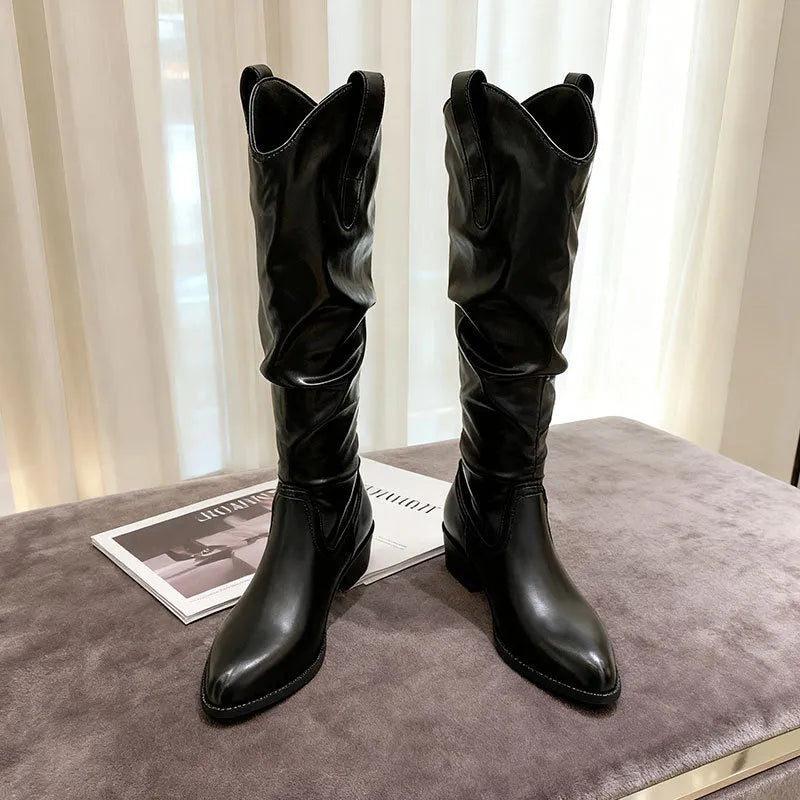 Pair of chunky heel suede high-top riding boots with 3-5cm block heel, round toe, microfiber upper, in cloth khaki or leather black or brown.