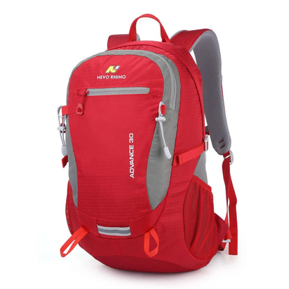 Dark green 30 litre nylon waterproof hiking backpack with airpillow straps on a neutral background.
