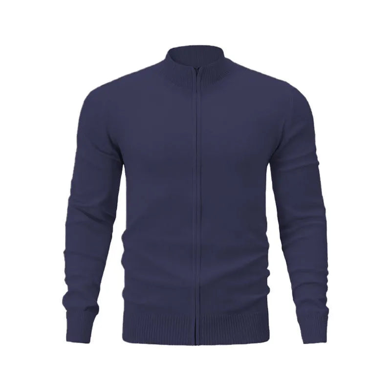 Cotton zipper front sweater with stand collar in multiple colour options showing loose fit