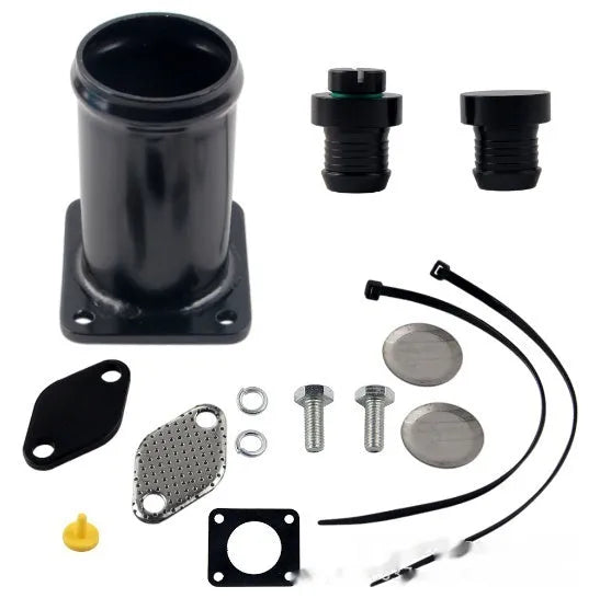 BMW E46 diesel EGR delete kit showing black removal tube, blanking plates, bolts, and vacuum plug