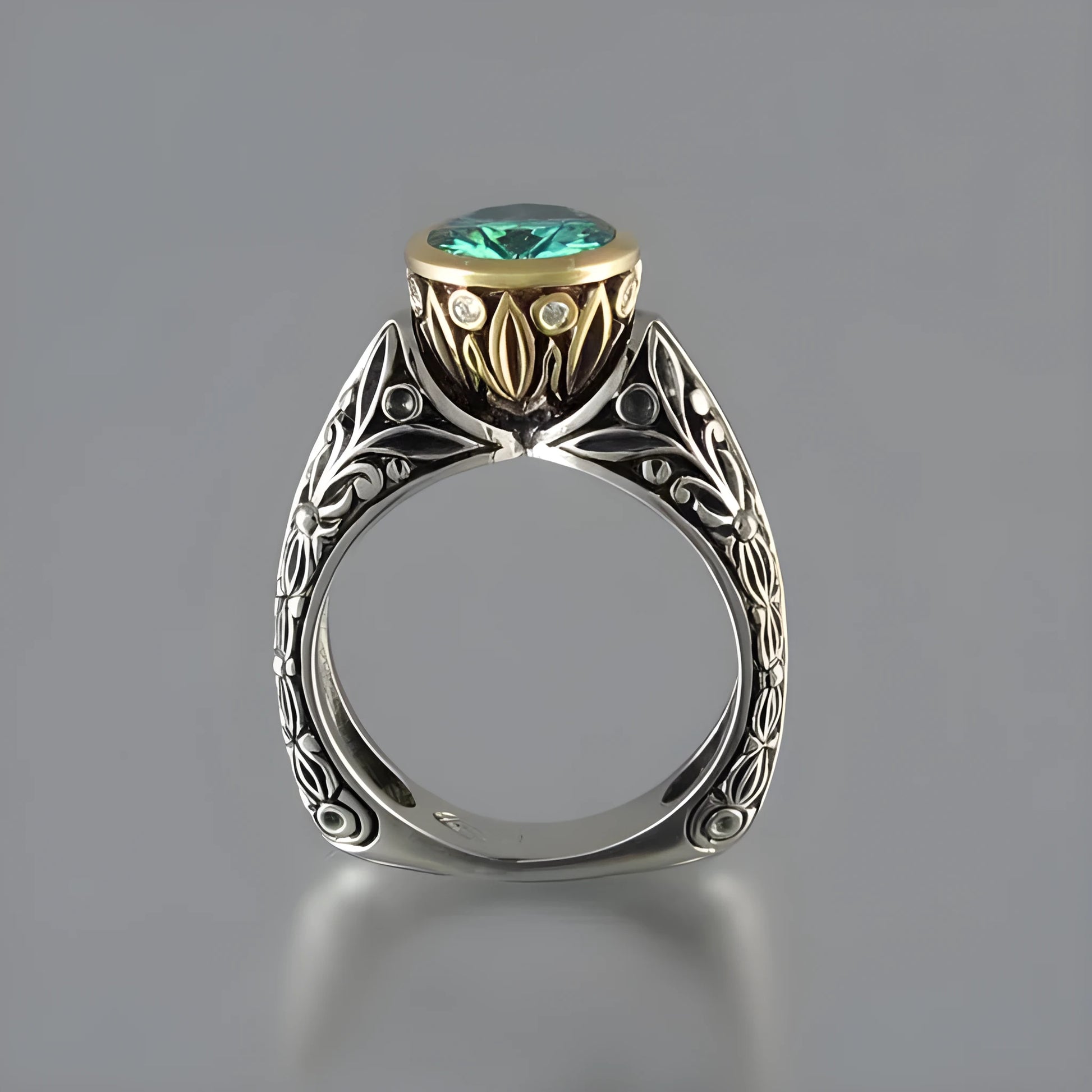 Gold-plated flower-shaped vintage ring with colour separation in green silver on alloy base