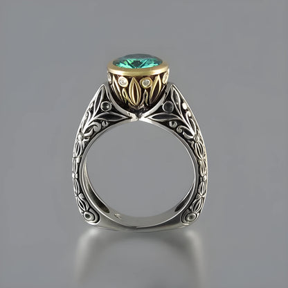 Gold-plated flower-shaped vintage ring with colour separation in green silver on alloy base
