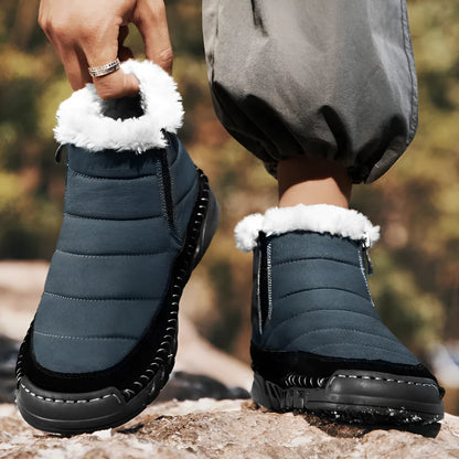 Men's plus size snow boot in black with round toe, flat heel, and rubber sole.