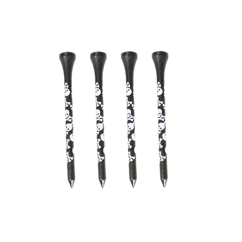 Ten black bamboo dowel pins with skull print for golf tees, showing 70mm and 83mm length options.