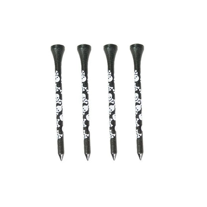 Ten black bamboo dowel pins with skull print for golf tees, showing 70mm and 83mm length options.