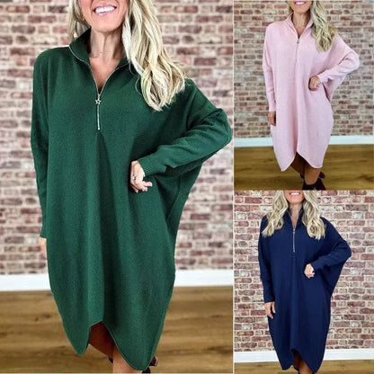 Women's solid colour loose knitted dress with a front zipper and raglan sleeves.