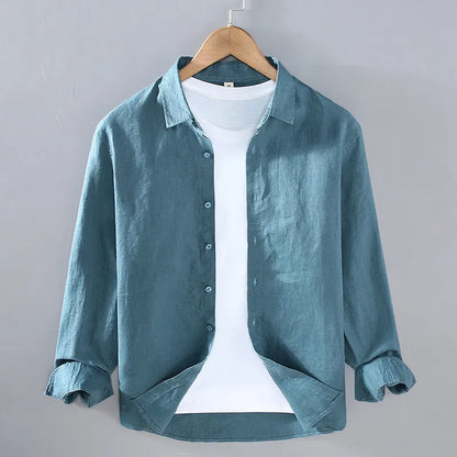 Men's pure linen long sleeve cardigan style shirt in solid colour