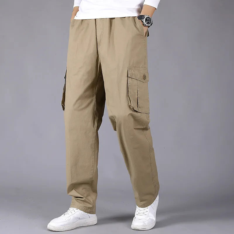 Loose straight leg cotton cargo trousers with multi-pocket, mid waist, zip placket, in black, army green, khaki, or natural yellow.