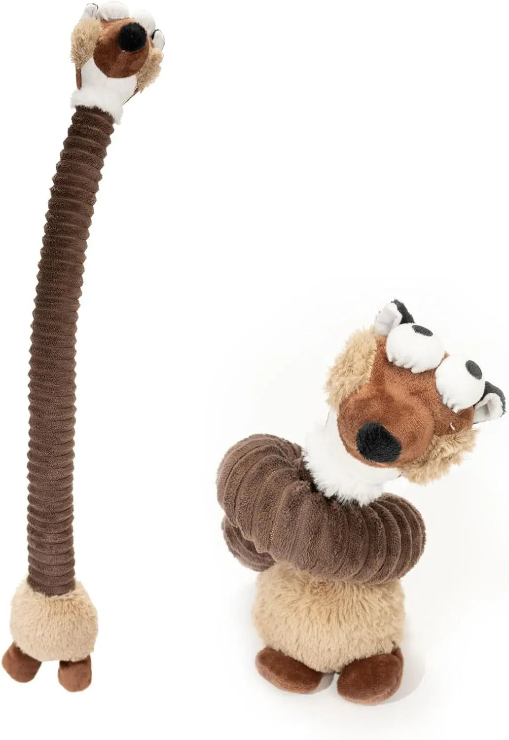 Brown, grey, and yellow plush dog toys with squeaky and crinkle features.