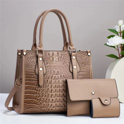 Contrast colour three-piece bag set showing bucket-shaped crossbody bag, wallet, and card holder in coordinated colours