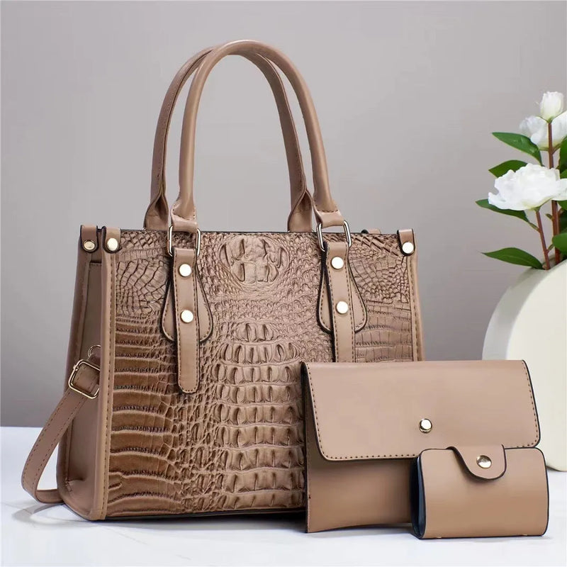 Contrast colour minimalist texture three-piece set: includes a 29x13x23cm bucket-shaped crossbody bag, 19x13cm wallet, and 11x7cm card bag in eight colour options with medium or soft PU material for organised daily essentials.