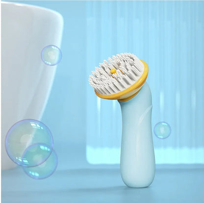 Blue hand-held pet bath brush with soft bristles for dog and cat grooming.