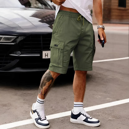Men's straight cropped workwear shorts in polyester fabric with loose fit for summer wear