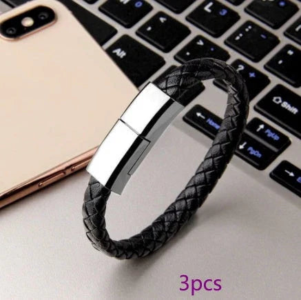 Stylish leather bracelet with built-in charging cable for smartphones and USB-C devices