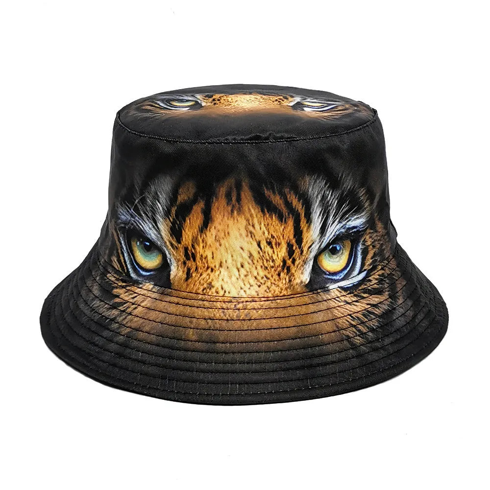 Tiger pattern bucket hat in polyester fabric with dome crown, khaki and black camouflage options