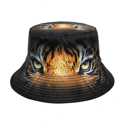 Tiger pattern bucket hat in polyester fabric with dome crown, khaki and black camouflage options