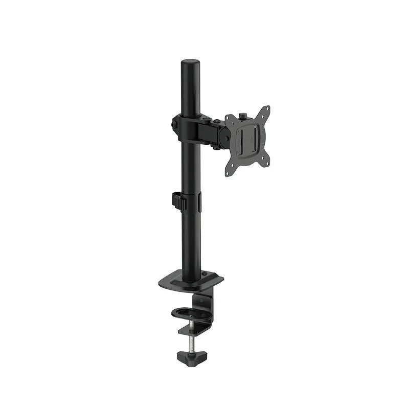 Silver computer monitor lifting rotating arm bracket mounted with a black screen on a desk