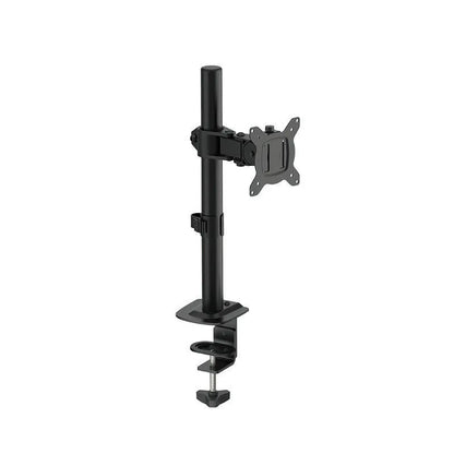 Silver computer monitor lifting rotating arm bracket mounted with a black screen on a desk