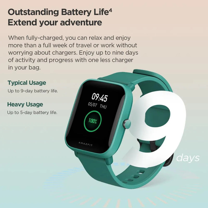 Smartwatch with blood oxygen monitoring, GPS positioning, and 5 ATM waterproof rating featuring a 1.43-inch TFT colour screen, lightweight polycarbonate body, and silicone rubber strap in black or pine green for Android and iOS compatibility.